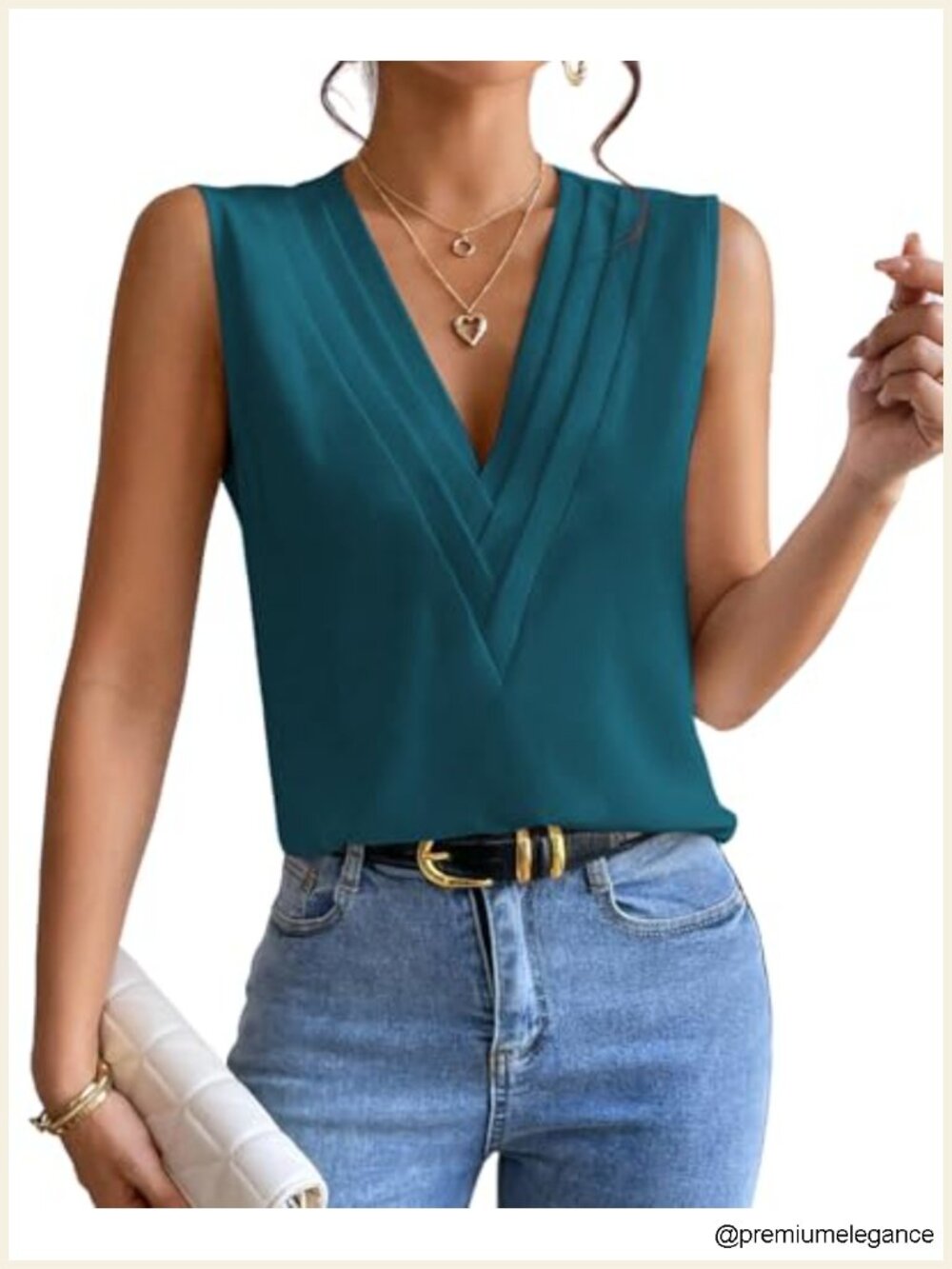 Sleeveless Chiffon Top for Women Triple V-Neck Pleated Business Casual Blouse